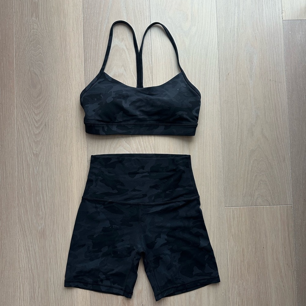 Lululemon Black Camo Activewear Set Flow Y Bra Sz 6 Align High Rise Short Sz 4